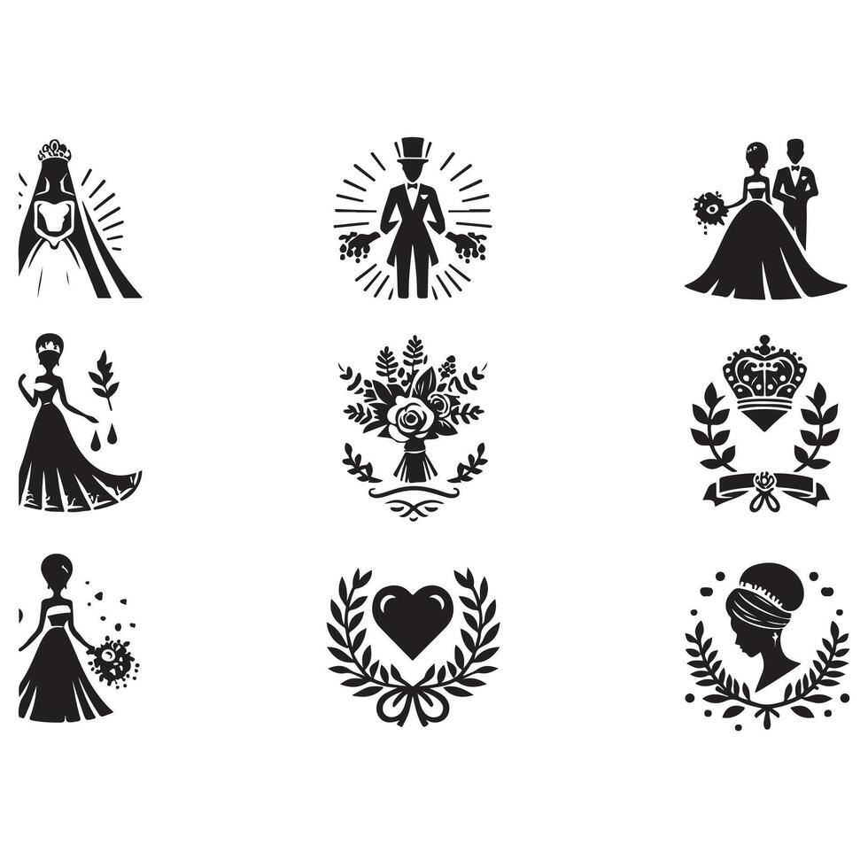 bride groom, unique floral half moon love black silhouette bride groom unique design icons bundle with withe backgrounds vector