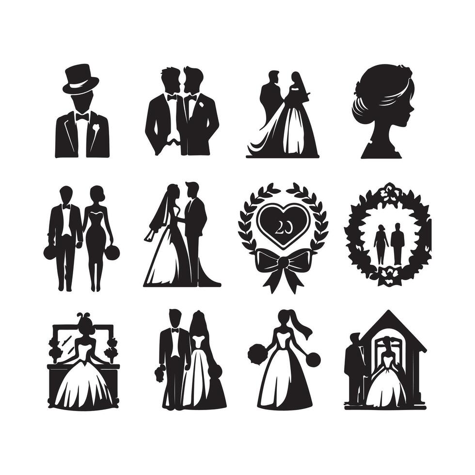 bride groom, unique floral half moon love black silhouette bride groom unique design icons bundle with withe backgrounds vector