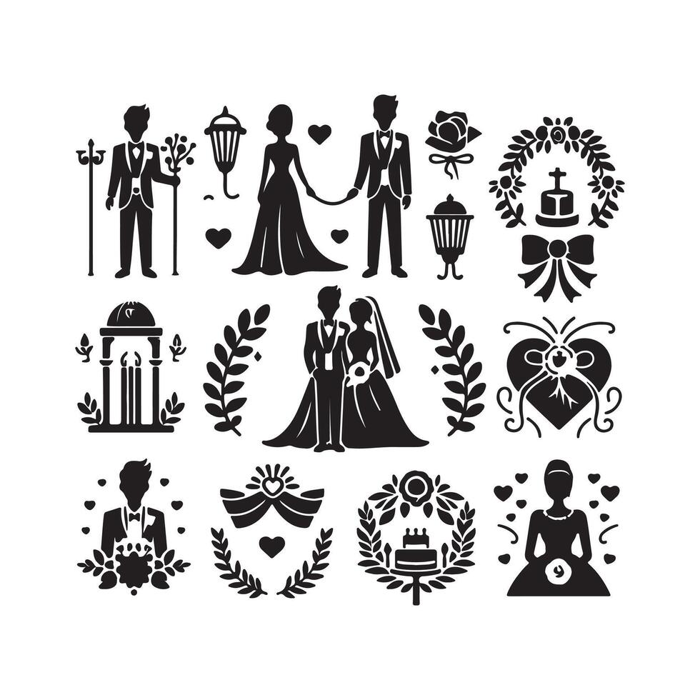bride groom, unique floral half moon love black silhouette bride groom unique design icons bundle with withe backgrounds vector