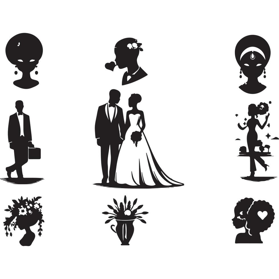 bride groom, unique floral half moon love black silhouette bride groom unique design icons bundle with withe backgrounds vector