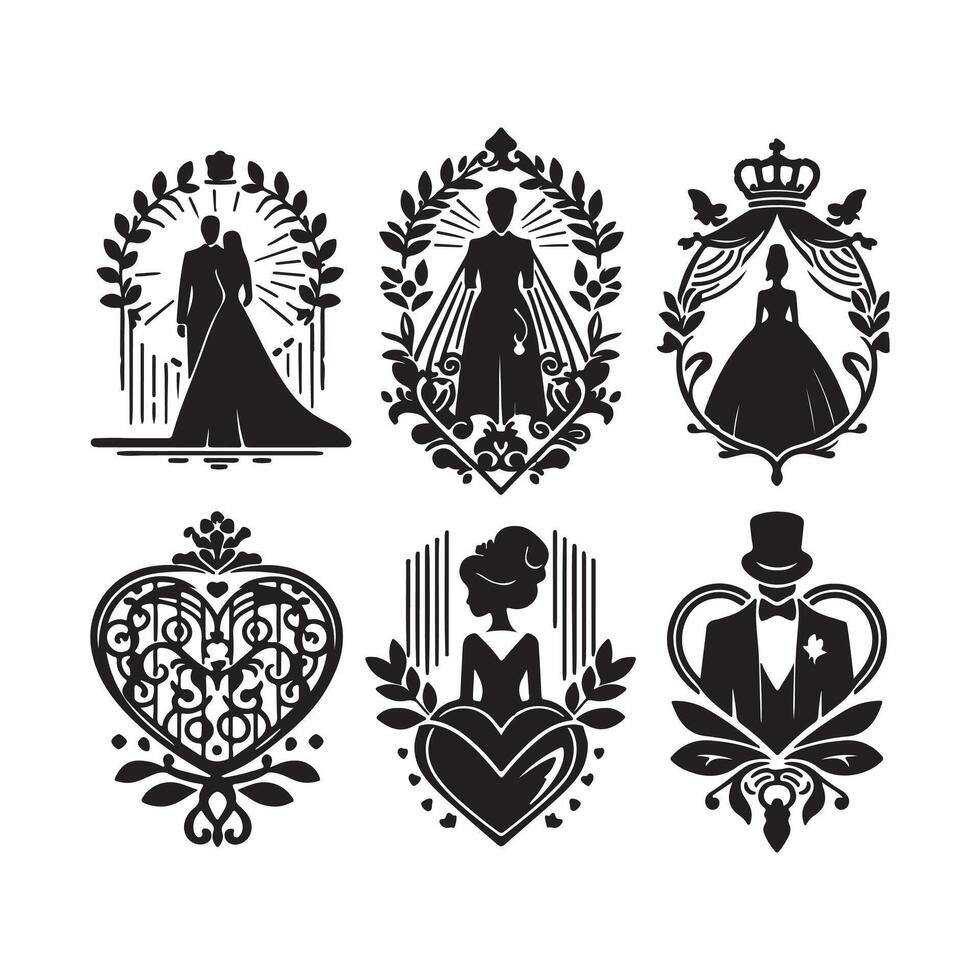 bride groom, unique floral half moon love black silhouette bride groom unique design icons bundle with withe backgrounds vector