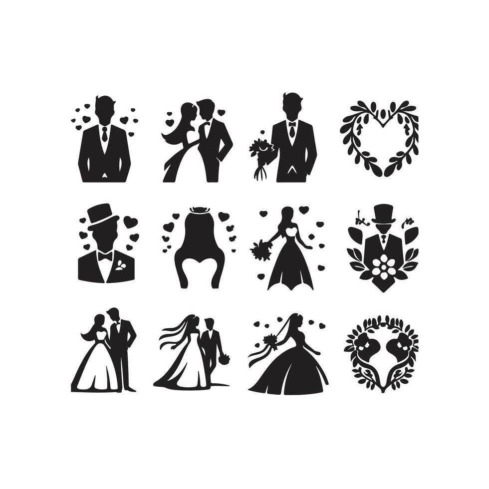 bride groom, unique floral half moon love black silhouette bride groom unique design icons bundle with withe backgrounds vector