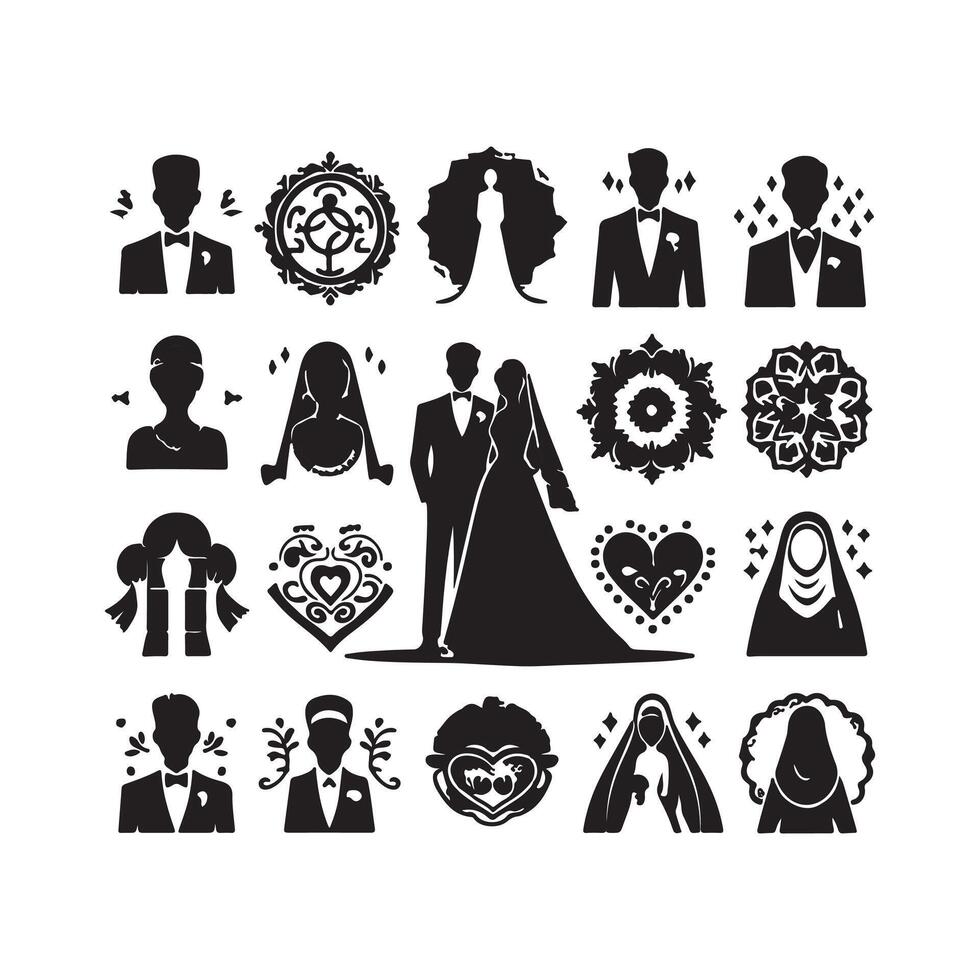 bride groom, unique floral half moon love black silhouette bride groom unique design icons bundle with withe backgrounds vector