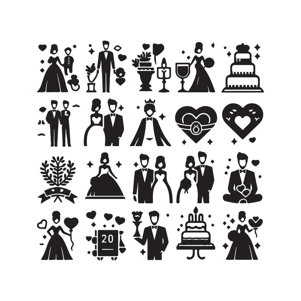 bride groom, unique floral half moon love black silhouette bride groom unique design icons bundle with withe backgrounds vector