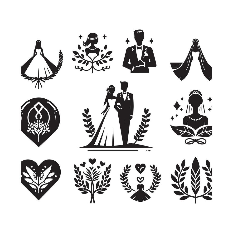 bride groom, unique floral half moon love black silhouette bride groom unique design icons bundle with withe backgrounds vector