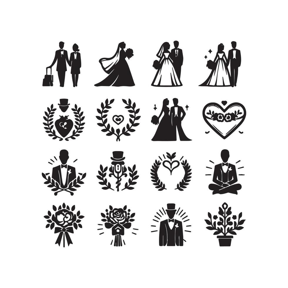 bride groom, unique floral half moon love black silhouette bride groom unique design icons bundle with withe backgrounds vector