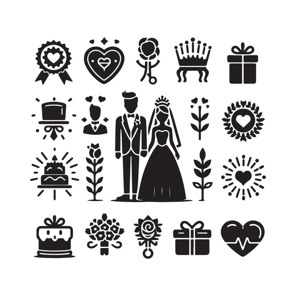bride groom, unique floral half moon love black silhouette bride groom unique design icons bundle with withe backgrounds vector