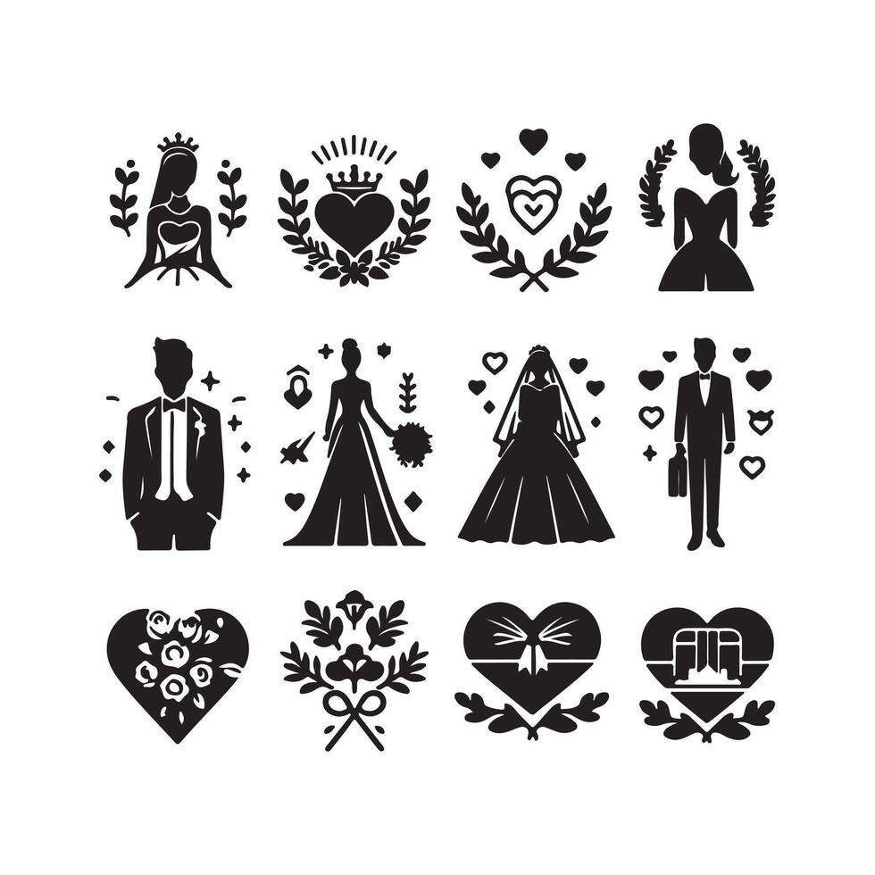bride groom, unique floral half moon love black silhouette bride groom unique design icons bundle with withe backgrounds vector