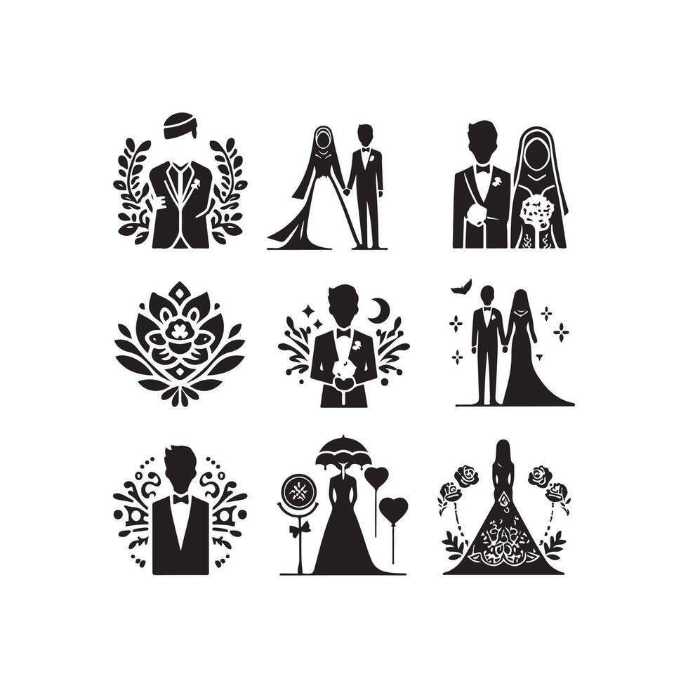 bride groom, unique floral half moon love black silhouette bride groom unique design icons bundle with withe backgrounds vector