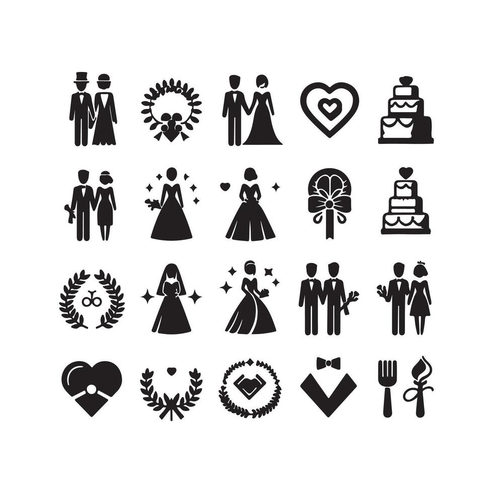 bride groom, unique floral half moon love black silhouette bride groom unique design icons bundle with withe backgrounds vector