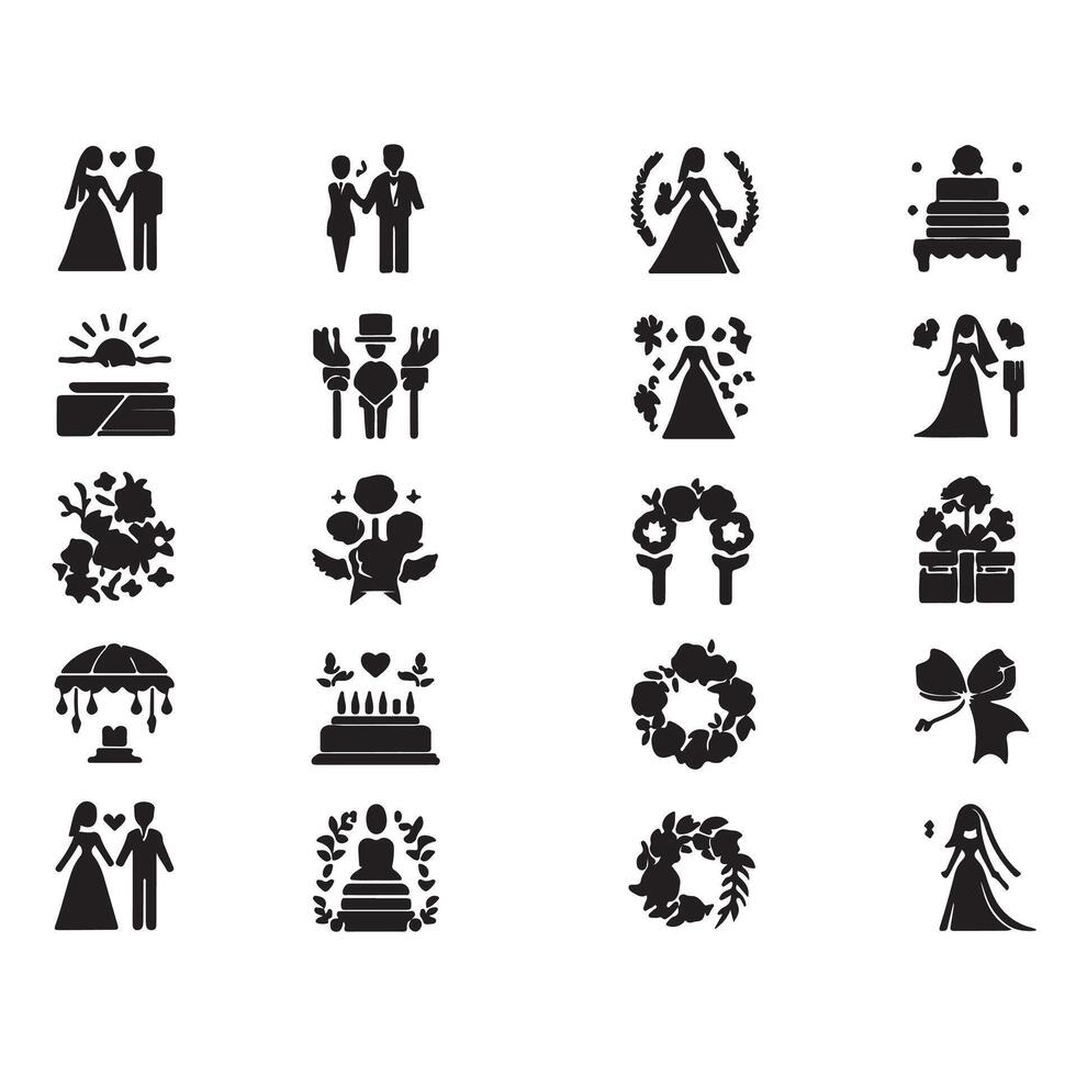 bride groom, unique floral half moon love black silhouette bride groom unique design icons bundle with withe backgrounds vector
