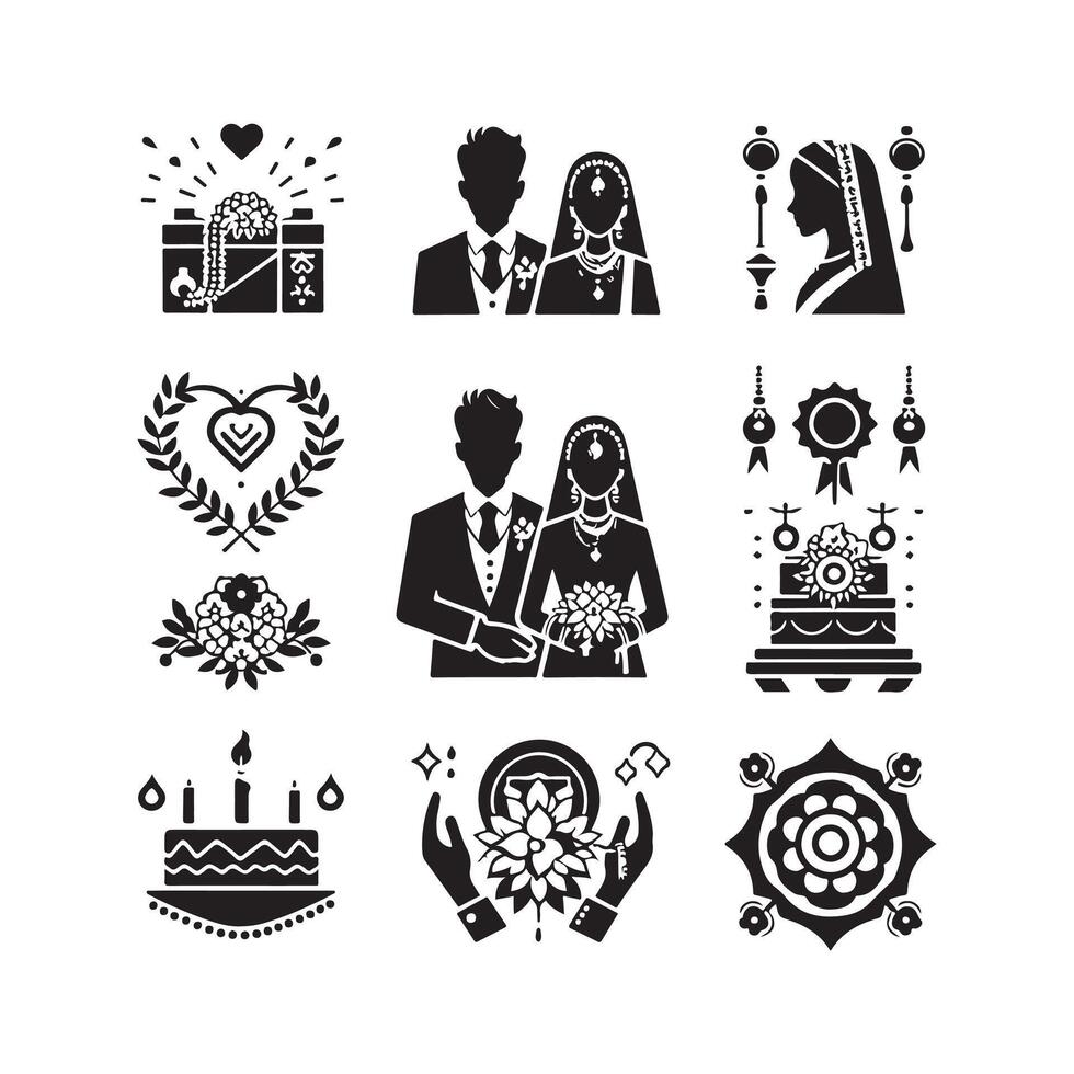 bride groom, unique floral half moon love black silhouette bride groom unique design icons bundle with withe backgrounds vector