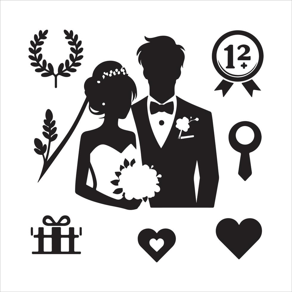 bride groom, unique floral half moon love black silhouette bride groom unique design icons bundle with withe backgrounds vector