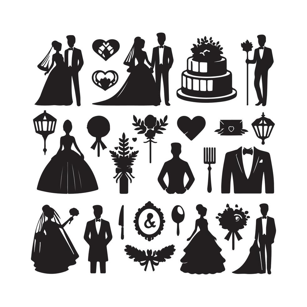 bride groom, unique floral half moon love black silhouette bride groom unique design icons bundle with withe backgrounds vector