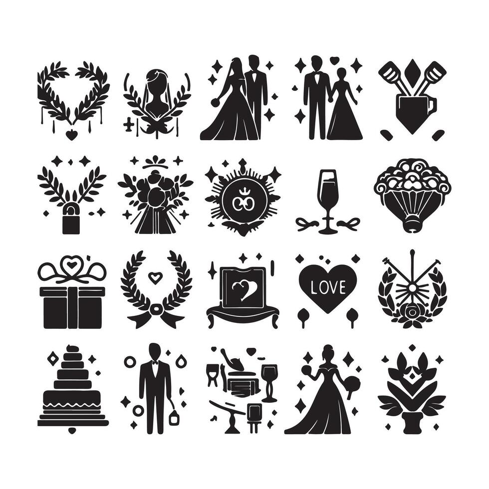 bride groom, unique floral half moon love black silhouette bride groom unique design icons bundle with withe backgrounds vector
