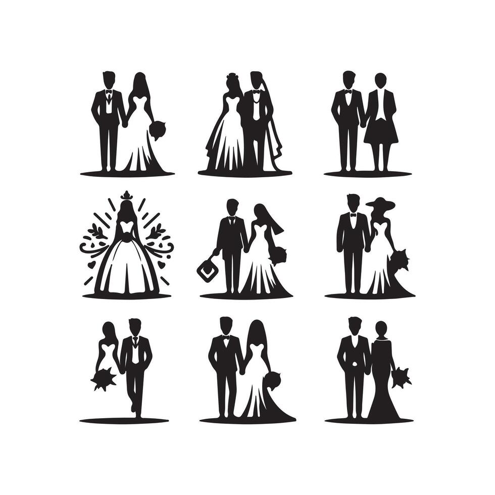 bride groom, unique floral half moon love black silhouette bride groom unique design icons bundle with withe backgrounds vector