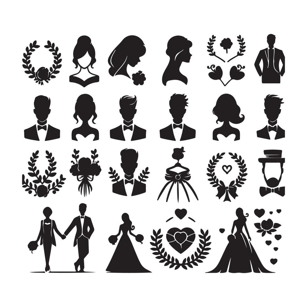 bride groom, unique floral half moon love black silhouette bride groom unique design icons bundle with withe backgrounds vector