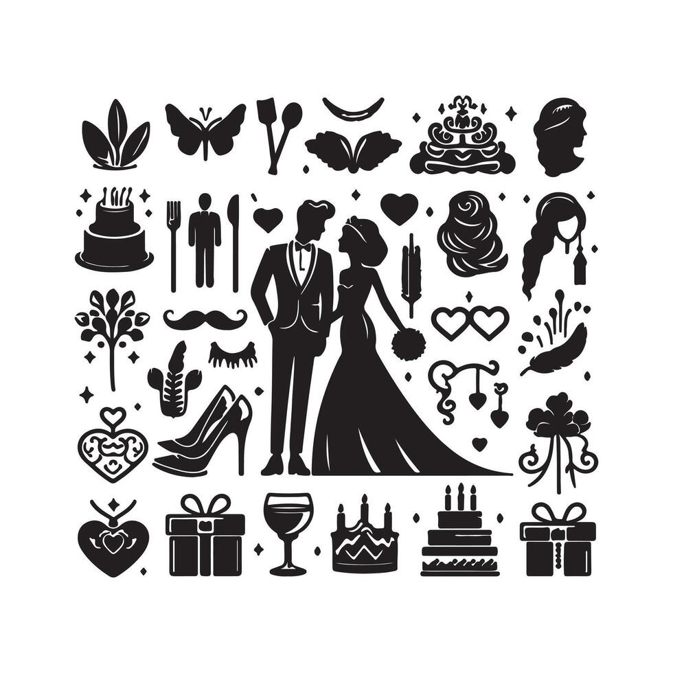 bride groom, unique floral half moon love black silhouette bride groom unique design icons bundle with withe backgrounds vector