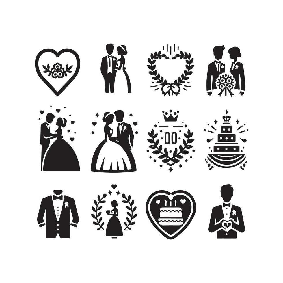 bride groom, unique floral half moon love black silhouette bride groom unique design icons bundle with withe backgrounds vector