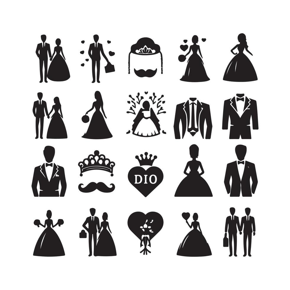 bride groom, unique floral half moon love black silhouette bride groom unique design icons bundle with withe backgrounds vector