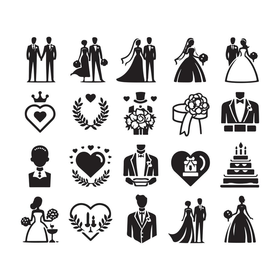 bride groom, unique floral half moon love black silhouette bride groom unique design icons bundle with withe backgrounds vector