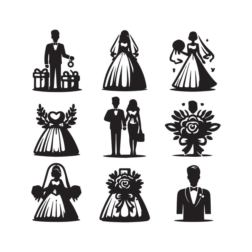 bride groom, unique floral half moon love black silhouette bride groom unique design icons bundle with withe backgrounds vector