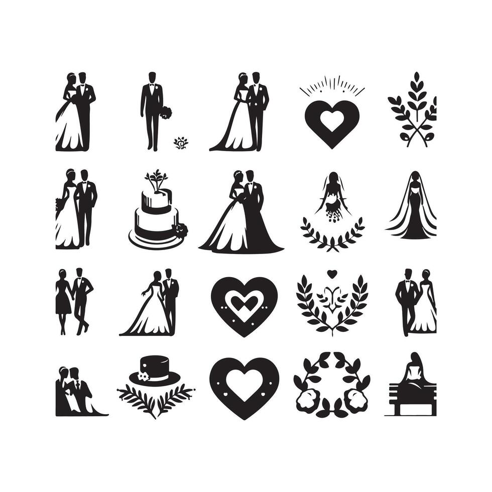 bride groom, unique floral half moon love black silhouette bride groom unique design icons bundle with withe backgrounds vector