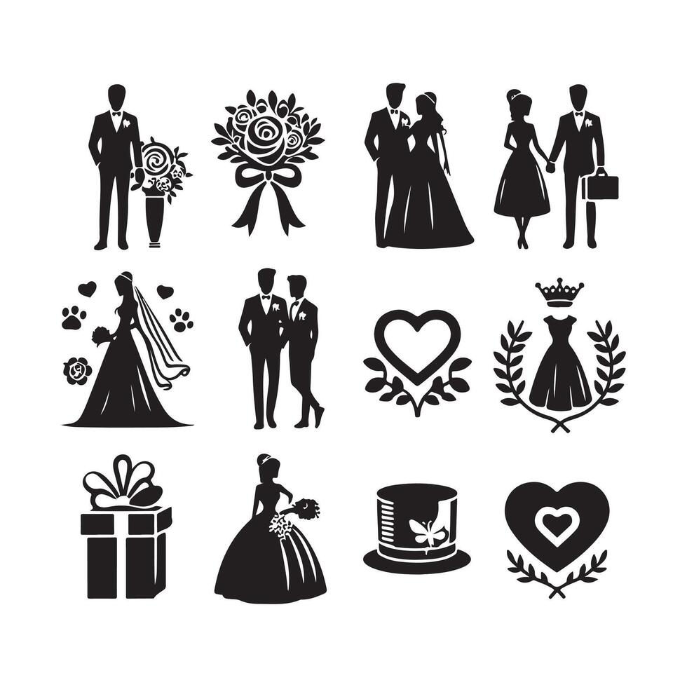 bride groom, unique floral half moon love black silhouette bride groom unique design icons bundle with withe backgrounds vector