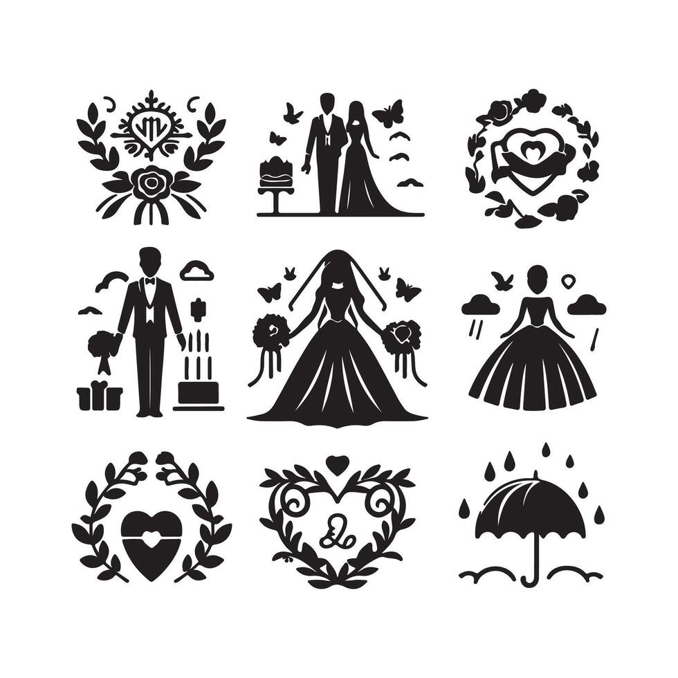 bride groom, unique floral half moon love black silhouette bride groom unique design icons bundle with withe backgrounds vector