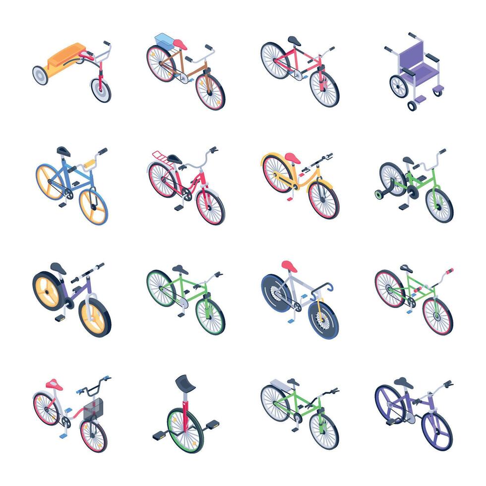 Collection of Mobility and Cycle Rides Isometric Icons vector