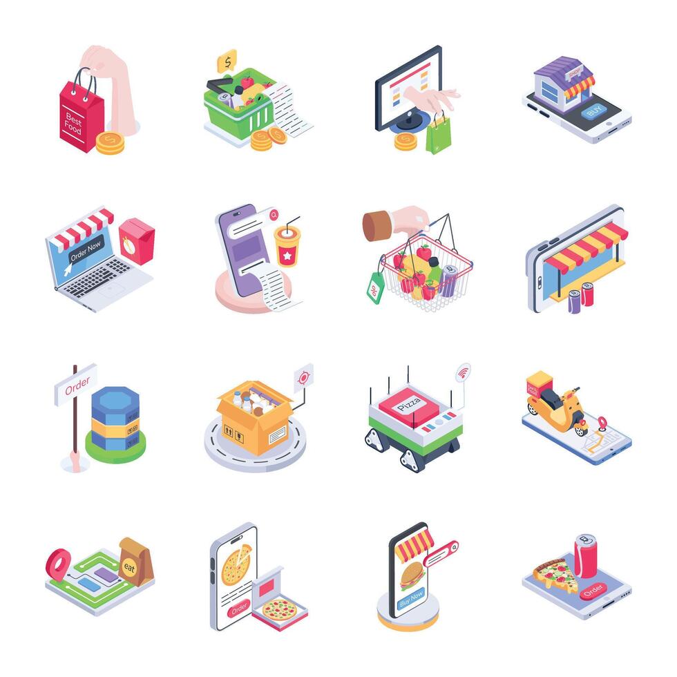 WebSet of Meal Delivery Isometric Icons vector