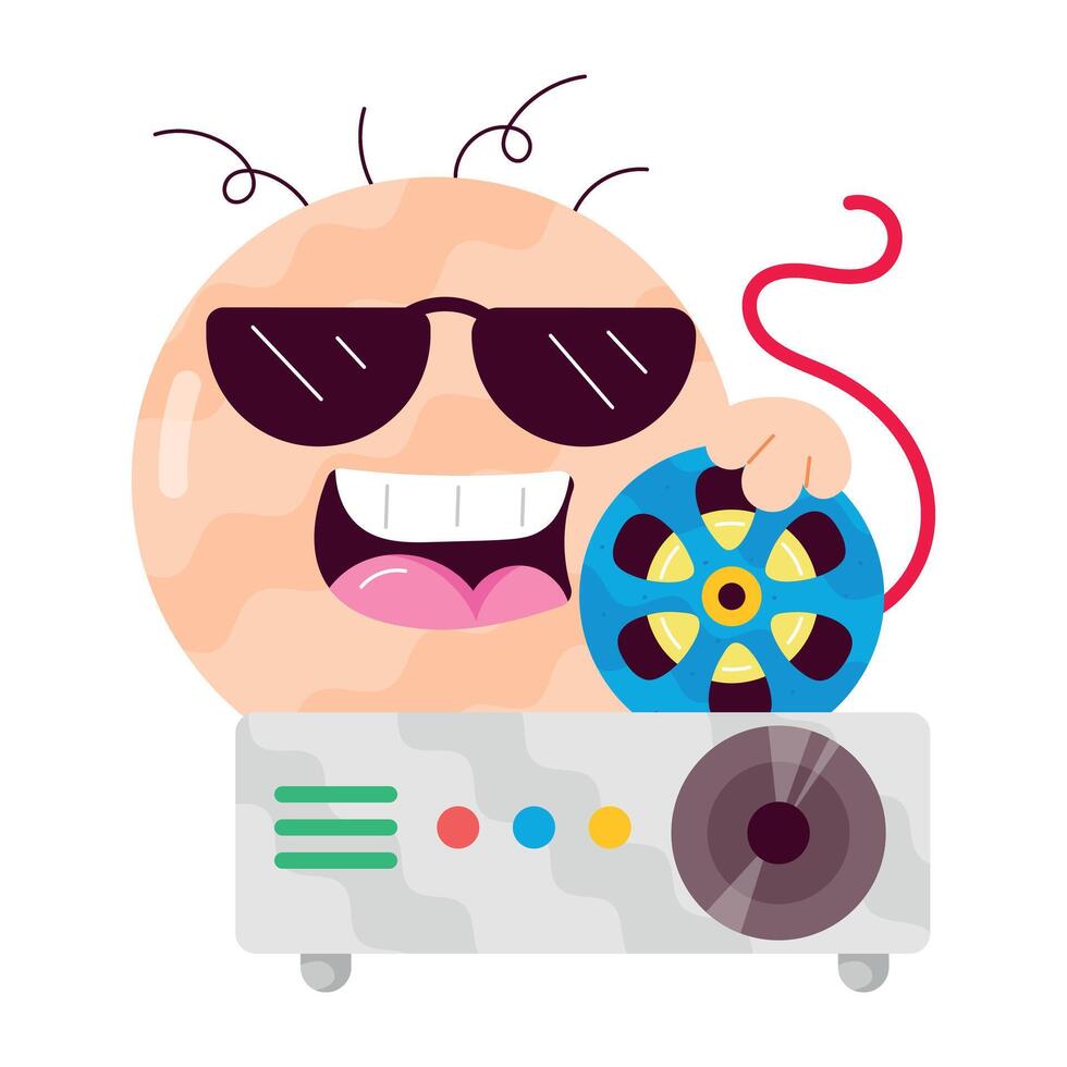 WebCute emoji with film projector, flat sticker vector