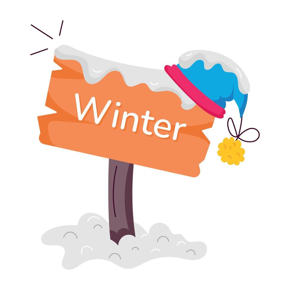 A flat style sticker of winter board with beanie on it vector