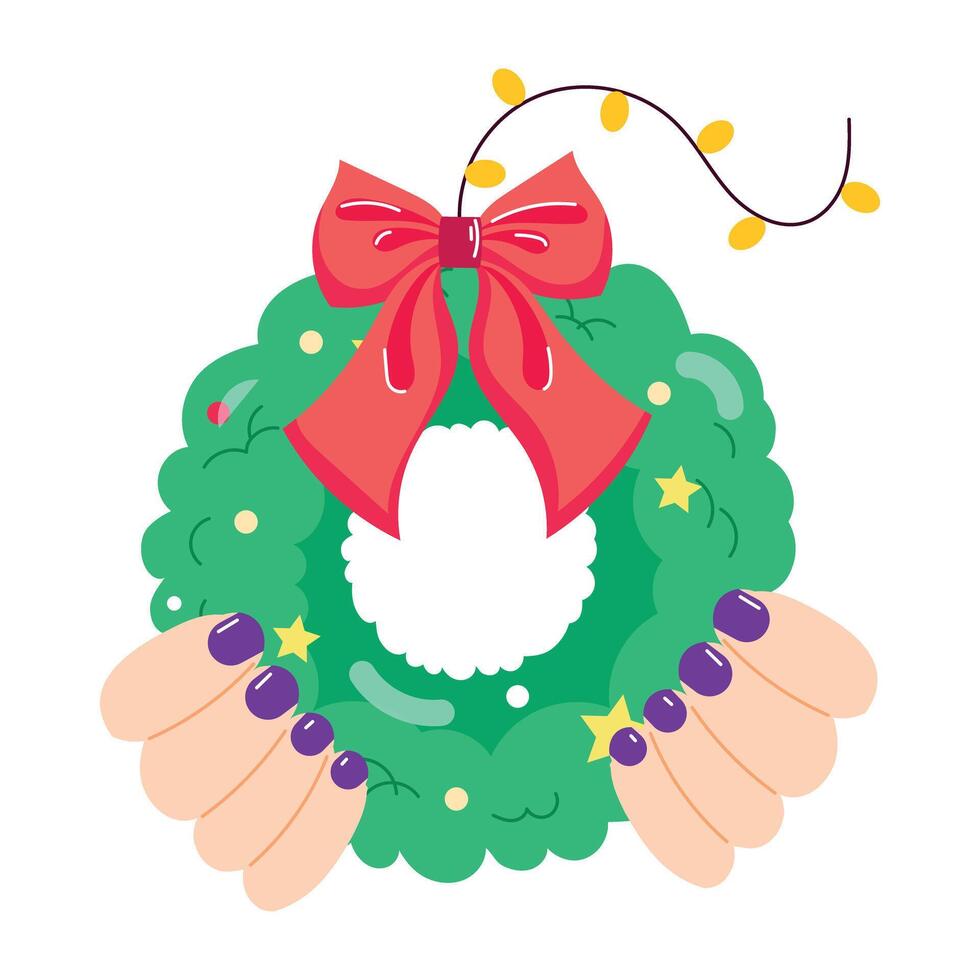 Hand holding christmas wreath with a ribbon bow on it, flat sticker vector