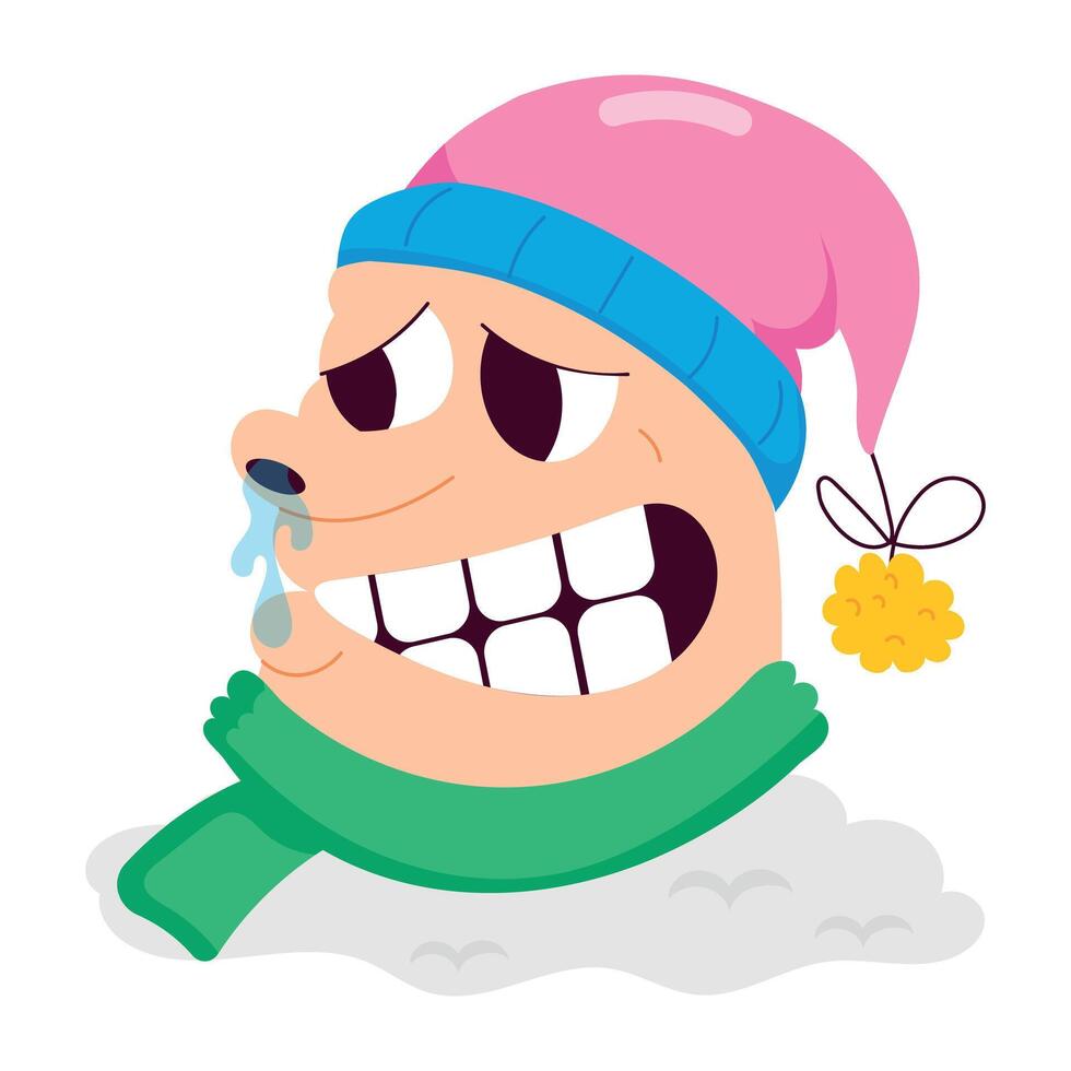 Winter character with runny nose, flat sticker vector