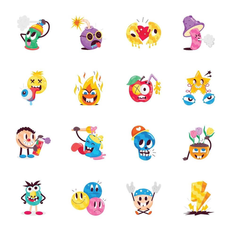Collection of 16 Graffiti Art Flat Stickers vector