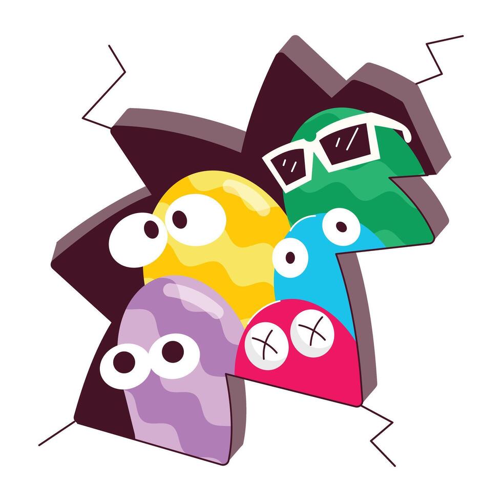 Retro style sticker of cute cartoon faces behind wall vector