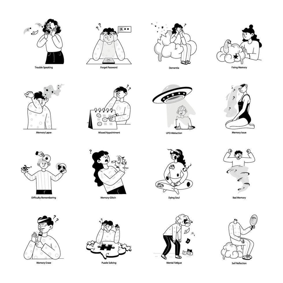 Set of 16 Forgetfulness Doodle Mini Illustrations vector
