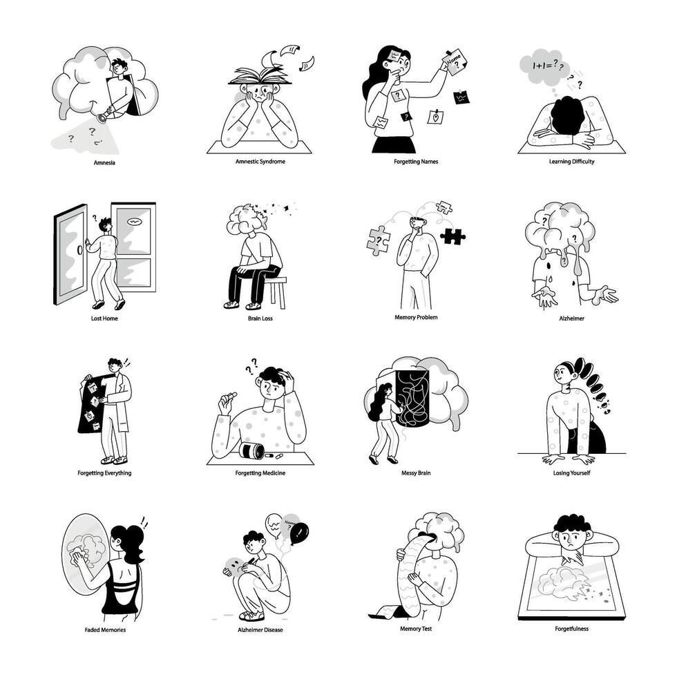 Pack of 16 Amnesia Doodle Mini Illustrations vector