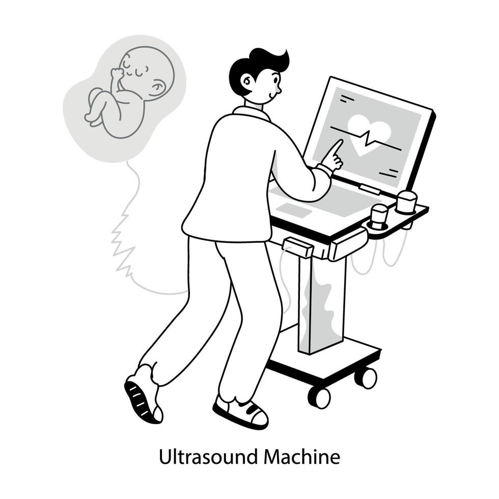 A person with ultrasound machine hand drawn mini illustration vector