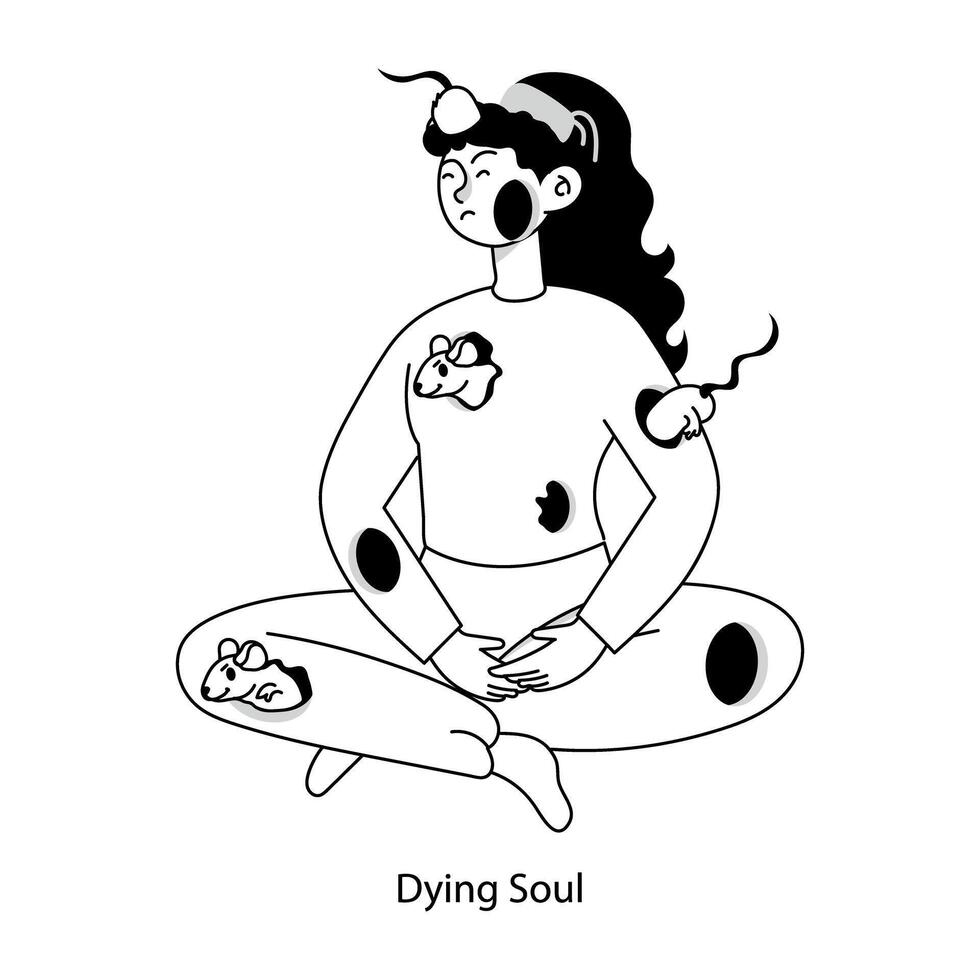 Sad girl with dying soul, doodle mini illustration vector