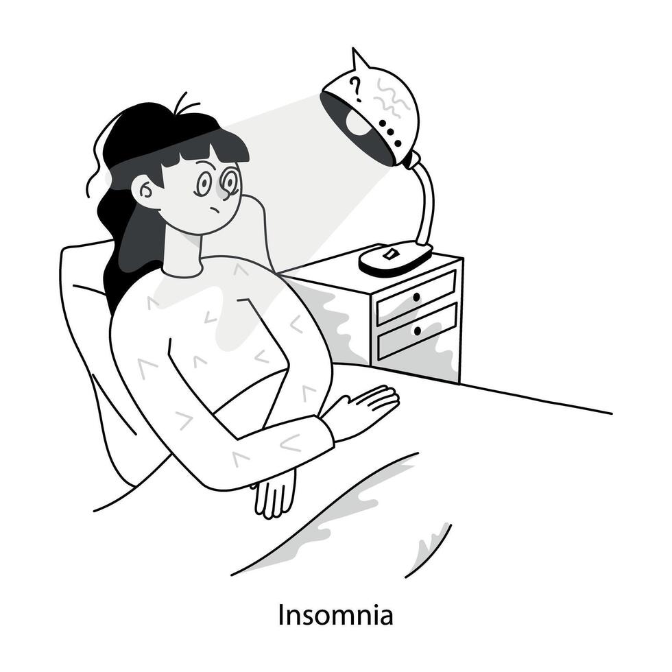 Basic RGBDoodle mini illustration showing girl with insomnia problem vector