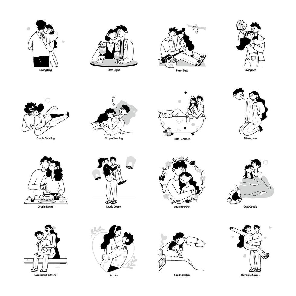 WebCollection of Couple Spooning Doodle Mini Illustrations vector