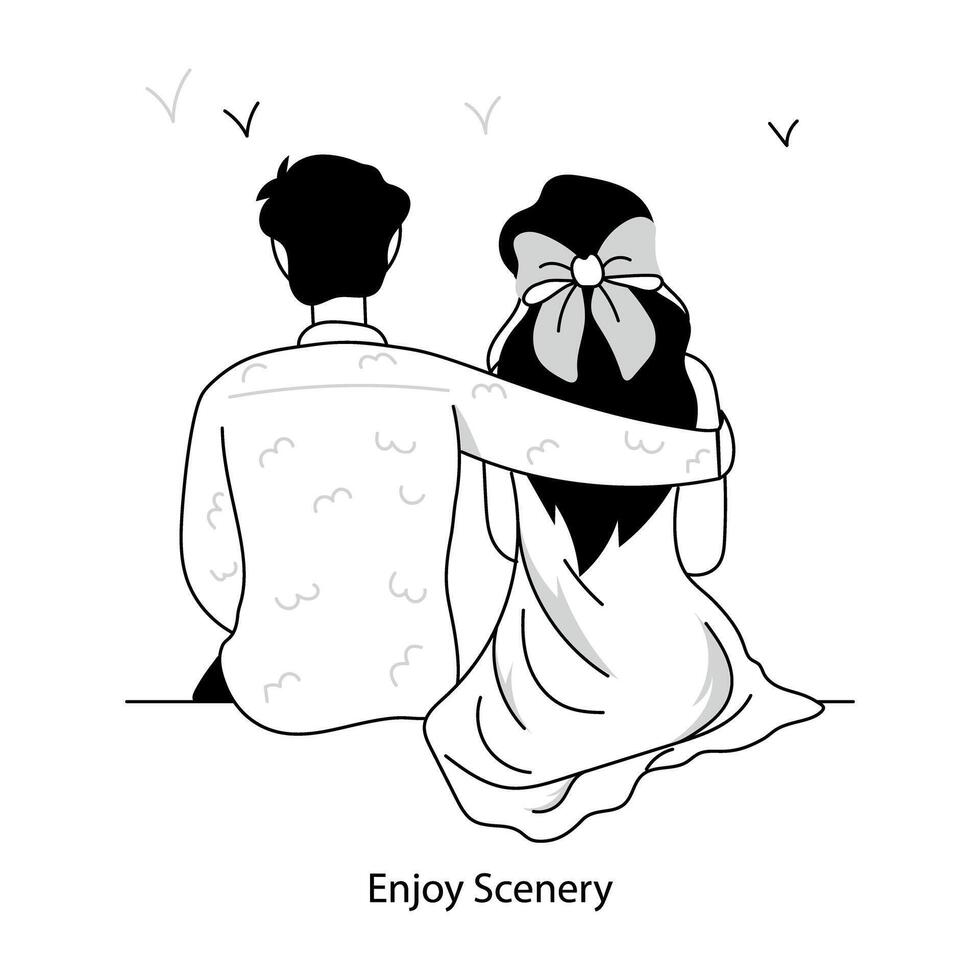 WebRomantic couple enjoy scenery, doodle mini illustration vector