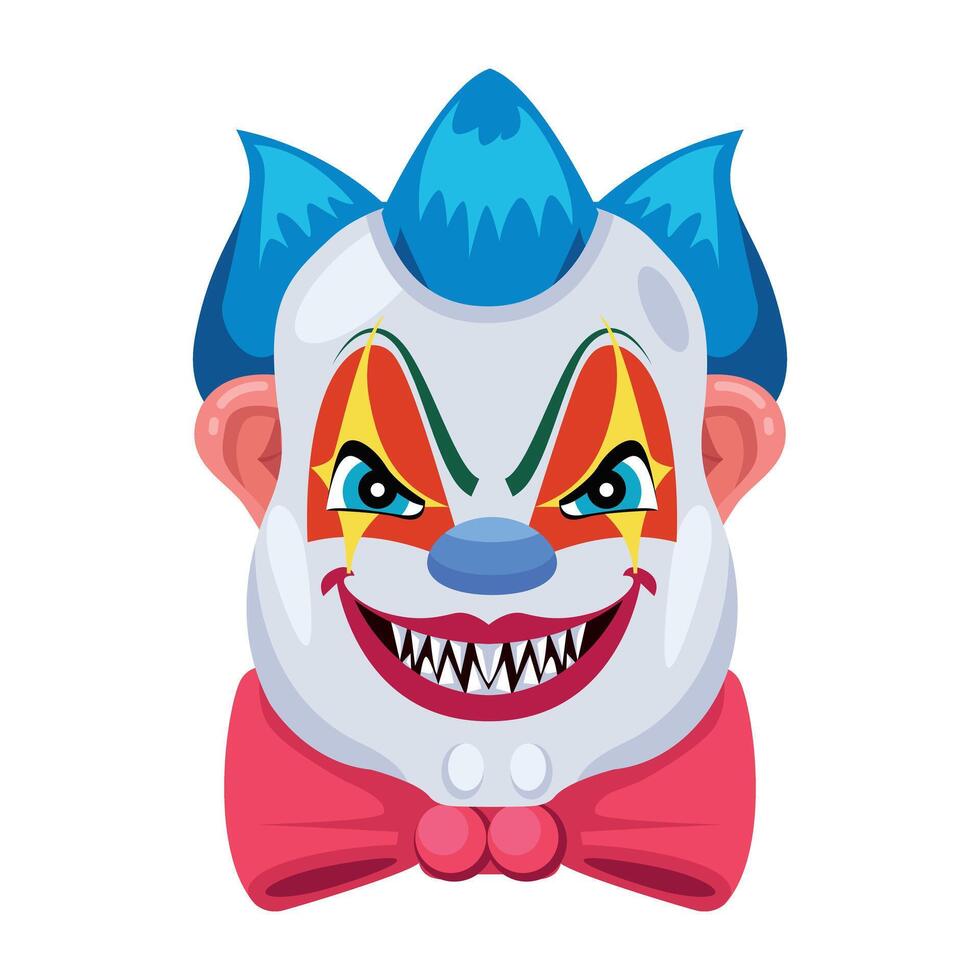 Basic RGBBuffoon head with creepy smile, flat icon vector