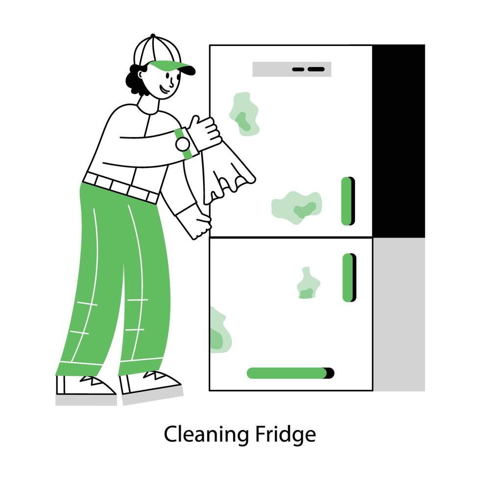 An editable outline mini illustration of cleaning fridge vector