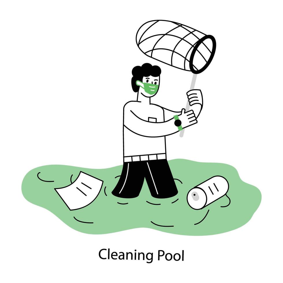 A character based linear mini illustration of cleaning pool vector