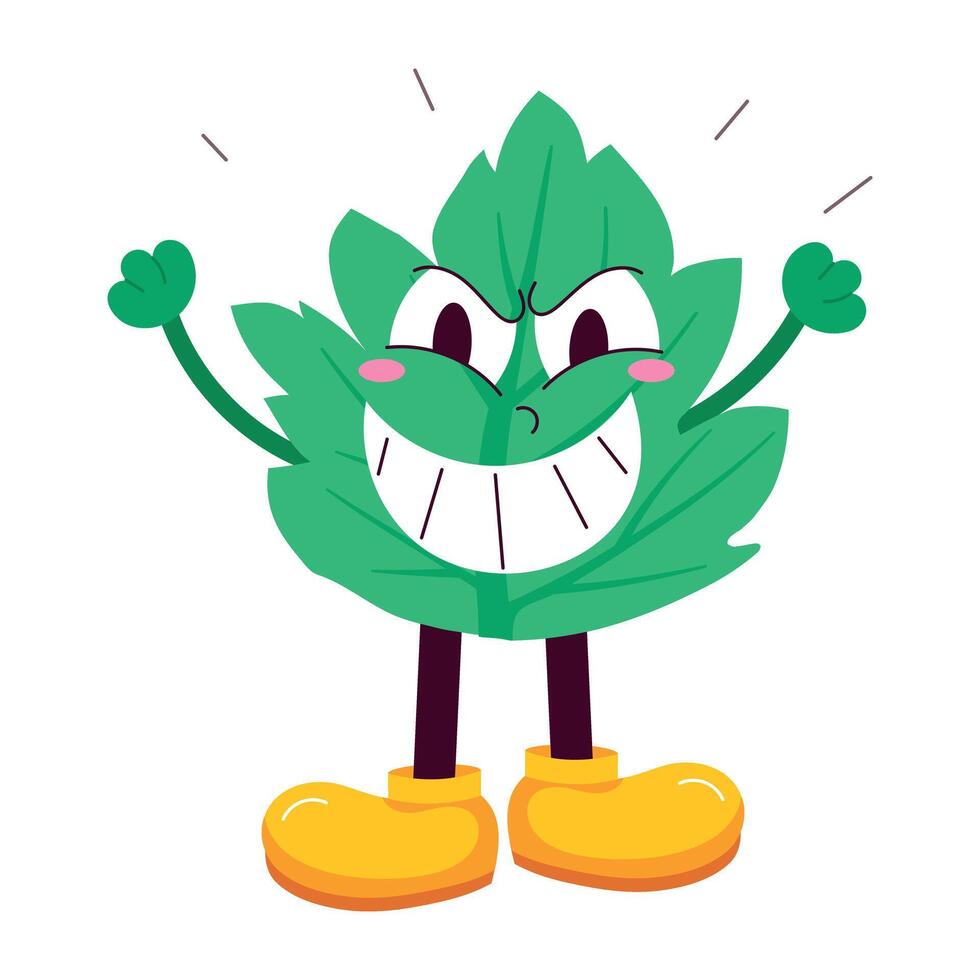 WebA flat style sticker of leaf emoji with smiling expression vector