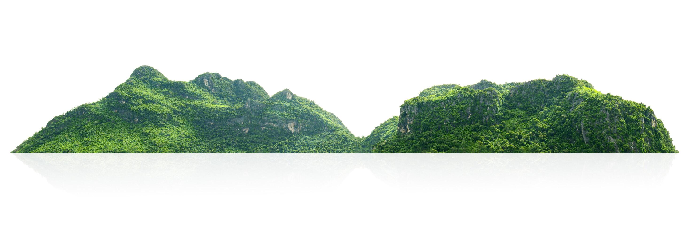 mountain range with green trees and a white background photo