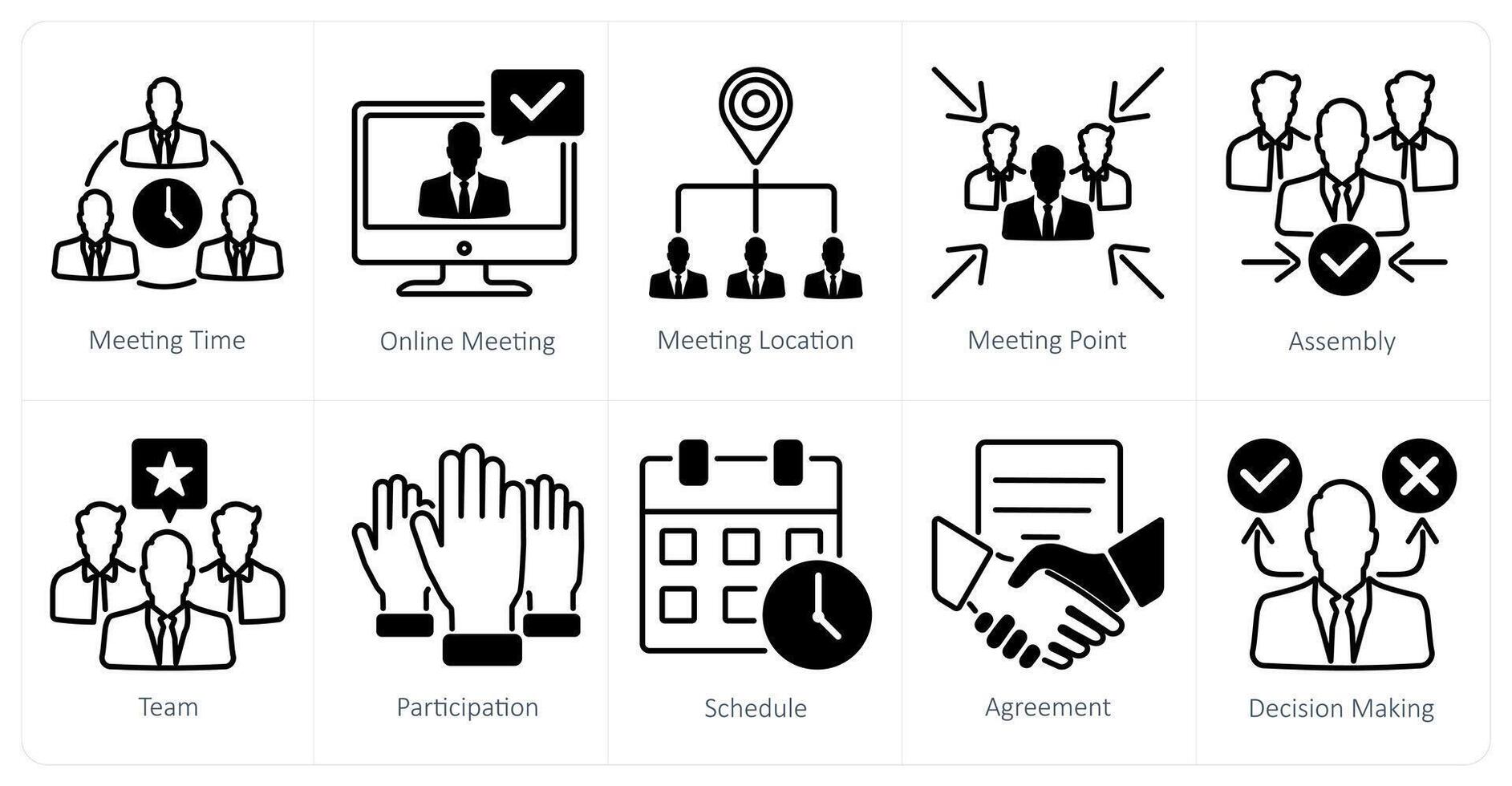 A set of 10 meeting icons as meeting time, online meeting, meeting location vector